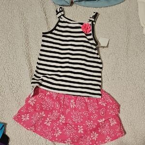 OshKosh B'gosh Black & White Striped Tank with Pink Floral Skirt